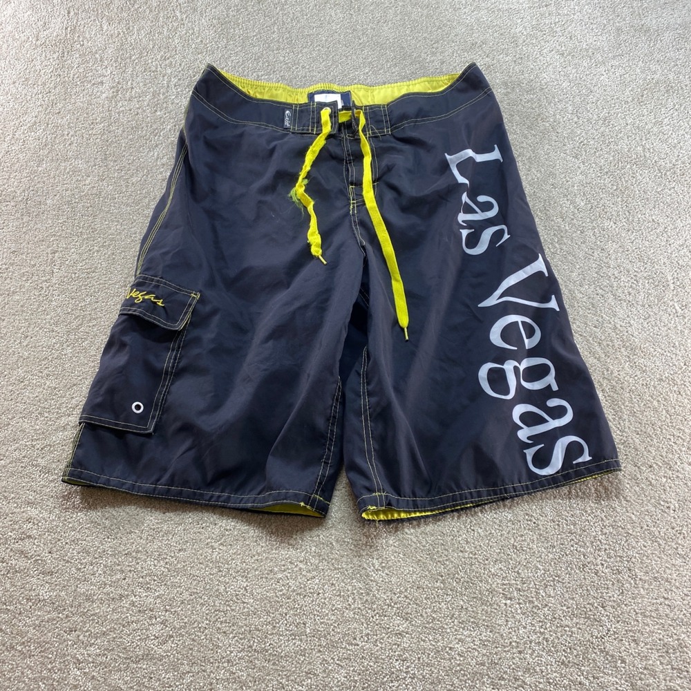 Exist Board Shorts‎ Mens XXL Black Las Vegas Neon Yellow Graphic Cargo Pocket